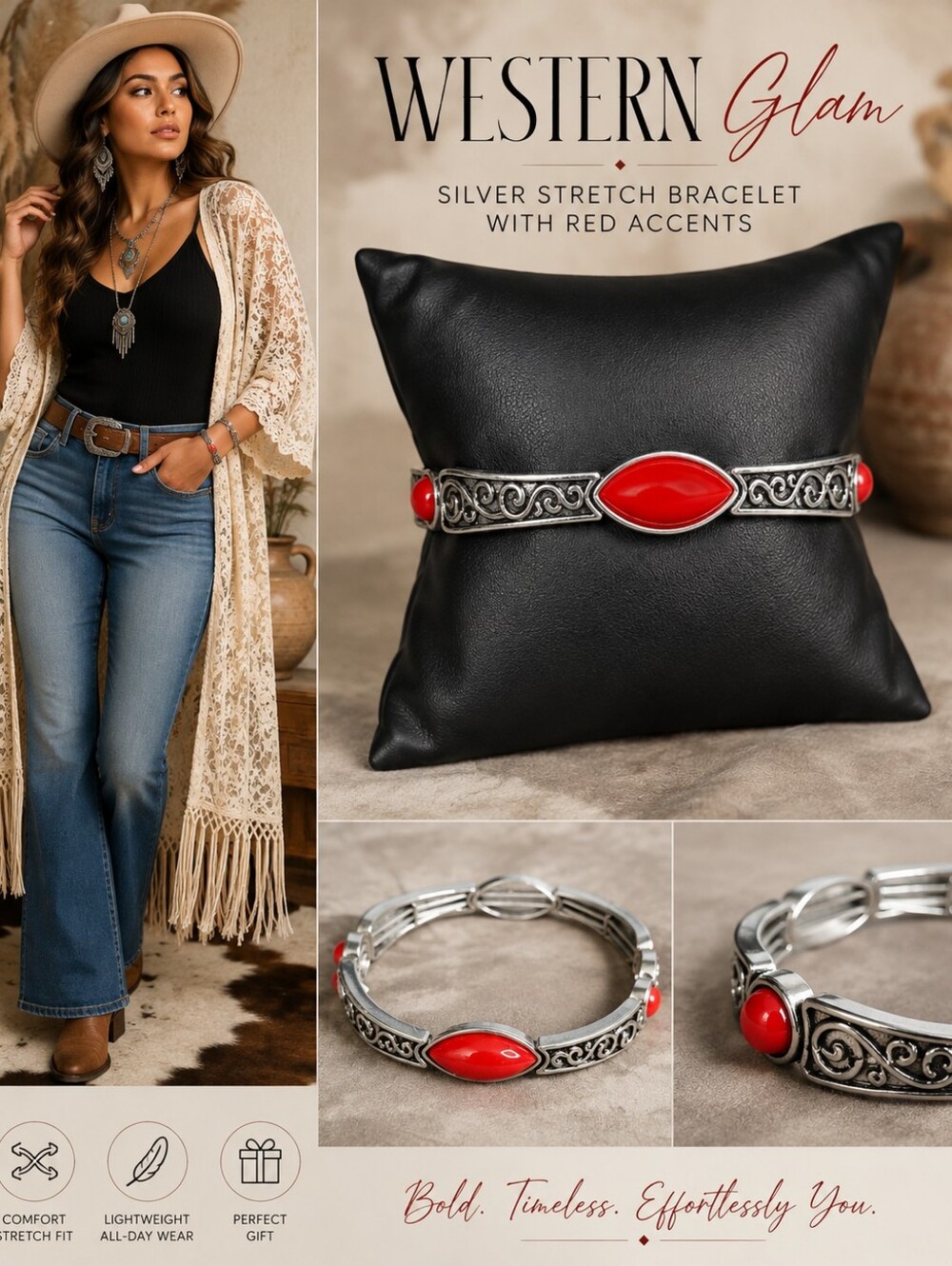 Silver Stretch Bracelet with Bold Red Stone Accents | Southwestern Boho